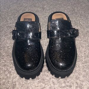 Kids Black Glitter Slip-On Buckle Shoes
